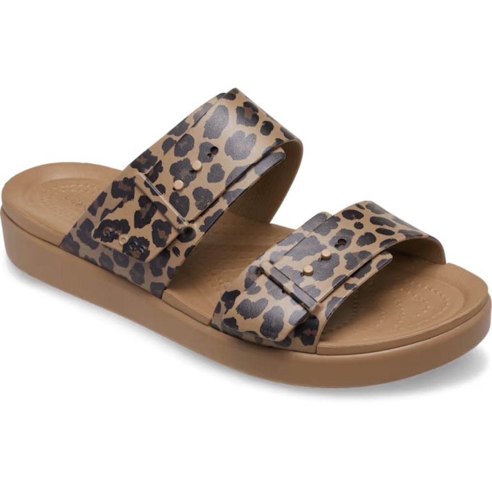 CROCS Brooklyn Low Leopard Animal Print Dual Strap Sandals Tan Black NWOT 6 - Picture 3 of 7